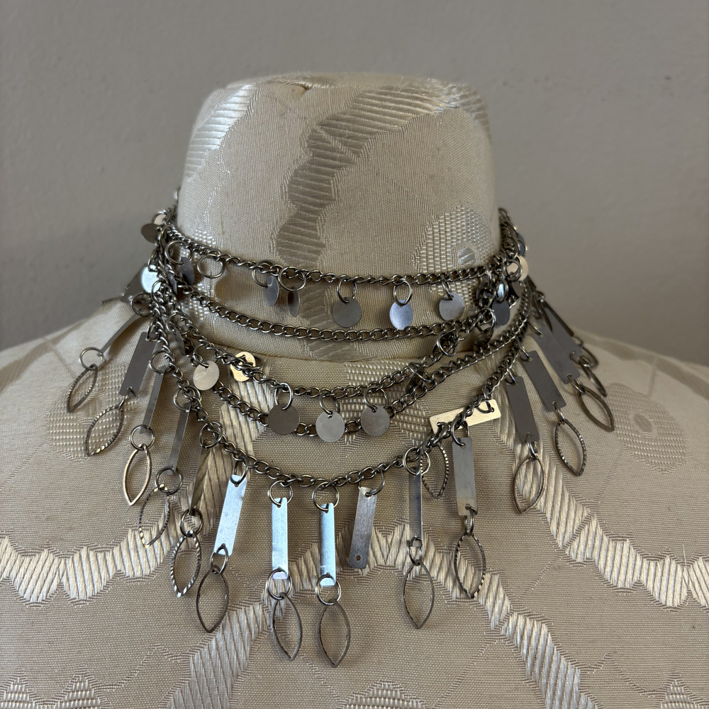 Layered Chain Coin Fringe Statement Necklace Silver Tone